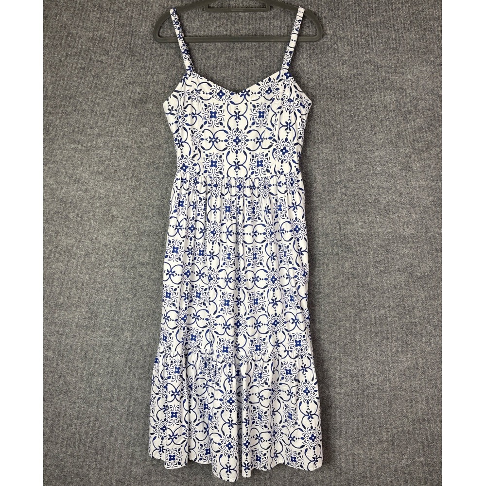 J. Crew Midi Dress Womens 6 White Blue Tile Floral Print Cotton Smocked Back